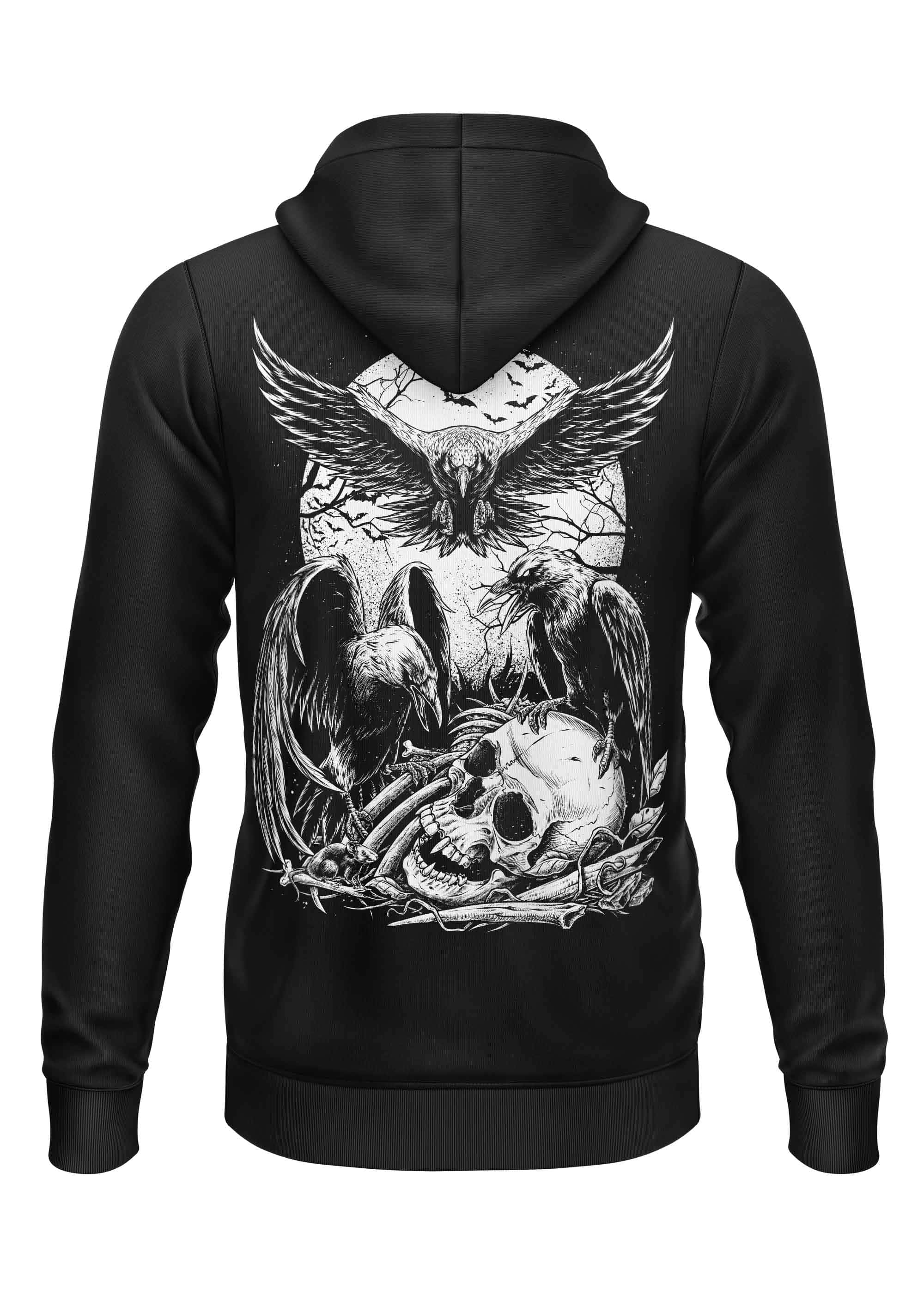 Black zip-up hoodie with gothic horror style eagle ravens and skull graphic on back crow backprint hoodie